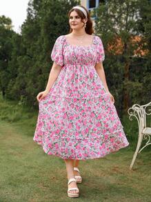 Dreamara Vestido de talla grande con cintura ajustada en línea A, estampado de plantas y flores brillantes en múltiples colores - Multicolor - Ver 5