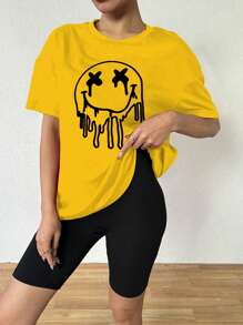 SHEIN VaVaLuxe Camiseta estampada solta com desenho animado e ombros caídos, camisetas gráficas femininas, tops - Amarelo - Ver 7