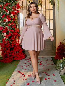 Double Crazy Vestido brillante escote corazón de manga con volante con abertura con encaje cintura - Rosa vieja - Ver 3