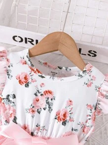 SHEIN Glamorique Kids 女小童印花荷葉邊網紗覆蓋繫腰帶洋裝 - 粉色 - 查看 3