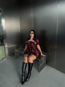 Flirla Vestido de verano con mangas cortas y estampado de dragón de bloques de color para mujer de talla grande