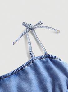 SHEIN Girlism Tween Girls Summer Boho modny śliczny węzeł na ramieniu Ruched biust Cami Baggy Denim kombinezon Romper, dziewczęce letnie wakacje ubrania stroje