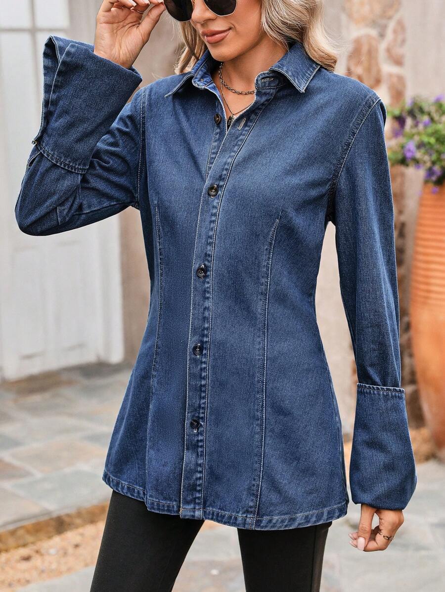 SHEIN LUNE Spring/Autumn Casual Bell Sleeve Denim Jacket Fall Cloth For Women - Dark Wash - View 1