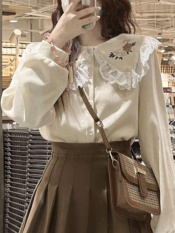 Women's Casual Cute Contrast Color Loose Embroidery Long Sleeve Shirt Blouse, Versatile For Spring And Autumn