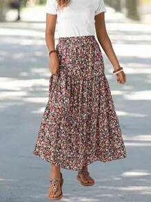 EMERY ROSE Women's Patchwork Floral Print Long Midi Skirt Summer