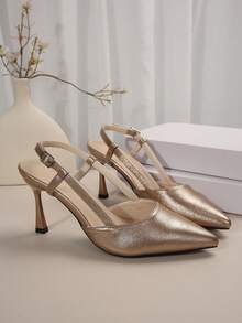 Tacones de aguja con punta fina y estilo francés con diseño calado, elegantes para citas, fiestas, banquetes y uso diario en otoño - Dorado - Ver 4