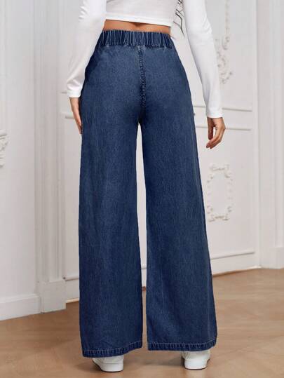 EMERY ROSE Women's All-Match Casual Versatile High Waist Wide Leg Loose Fit Lightweight Woven Dark Blue Regular Denim Pants