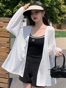 DAZY Women Loose Open Front Long Sleeve Sunscreen Cardigan Jacket For Air-Conditioned Room, Thin Sheer