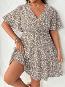 EMERY ROSE Plus Size Boho V-Neck Ruffled Sleeve Cinching Waist Dress For Vacation, For Summer - Khaki - View 4