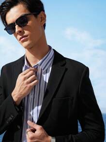 Mainfolk Easy Care Stretch Summer Men Knitted Solid Color Business Blazer, For Fall Winter - Black - View 14