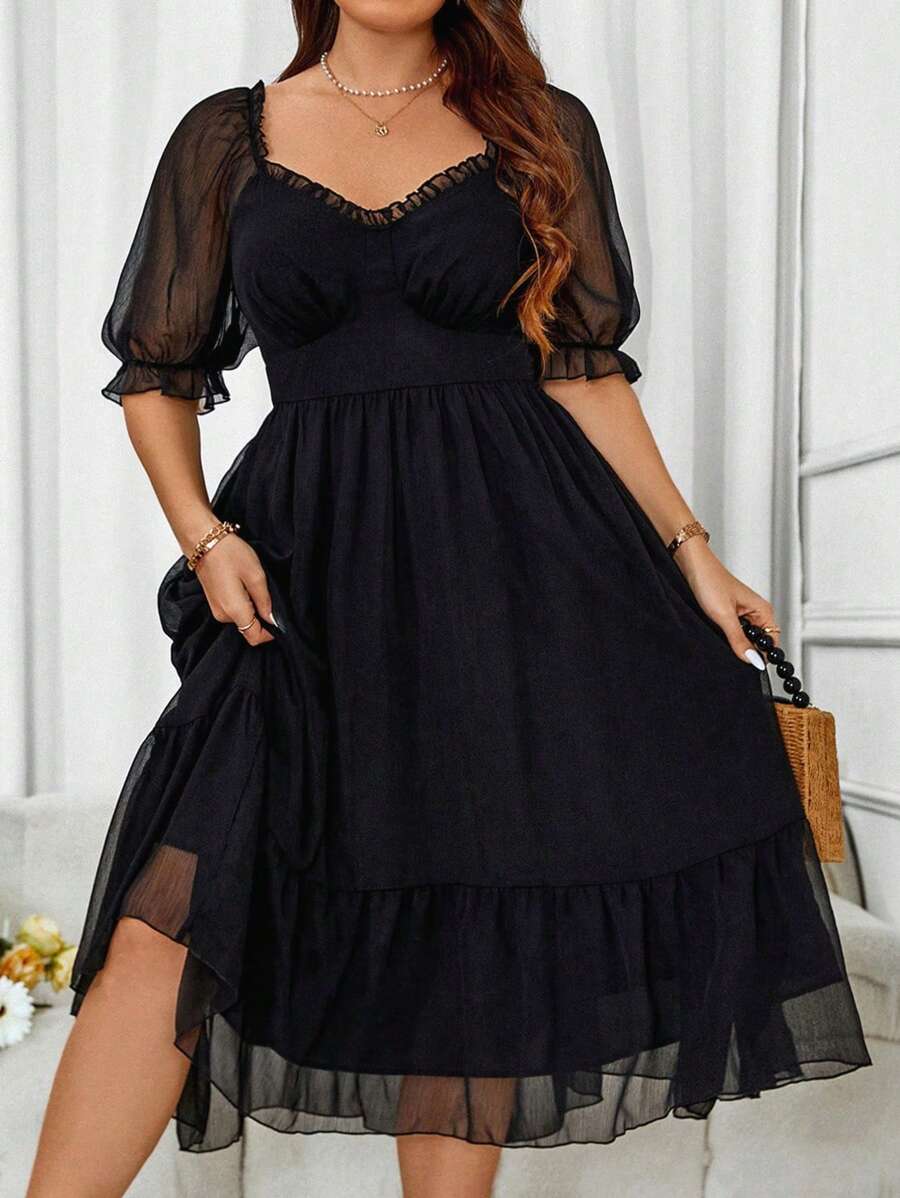 Flirla Plus Size Sweetheart Neck Half Sleeve Chiffon Dress Suitable For Summer - Black - View 1