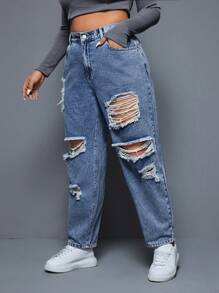 SHEIN ICON Denim ukuran plus Kantong Ripped Zip Plain - Medium Wash - View 4