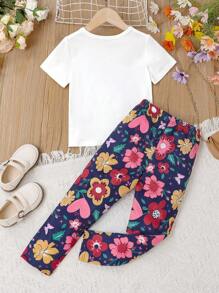 SHEIN Young Girl Giraffe & Floral Print Tee & Pants Set - Multicolor - View 2