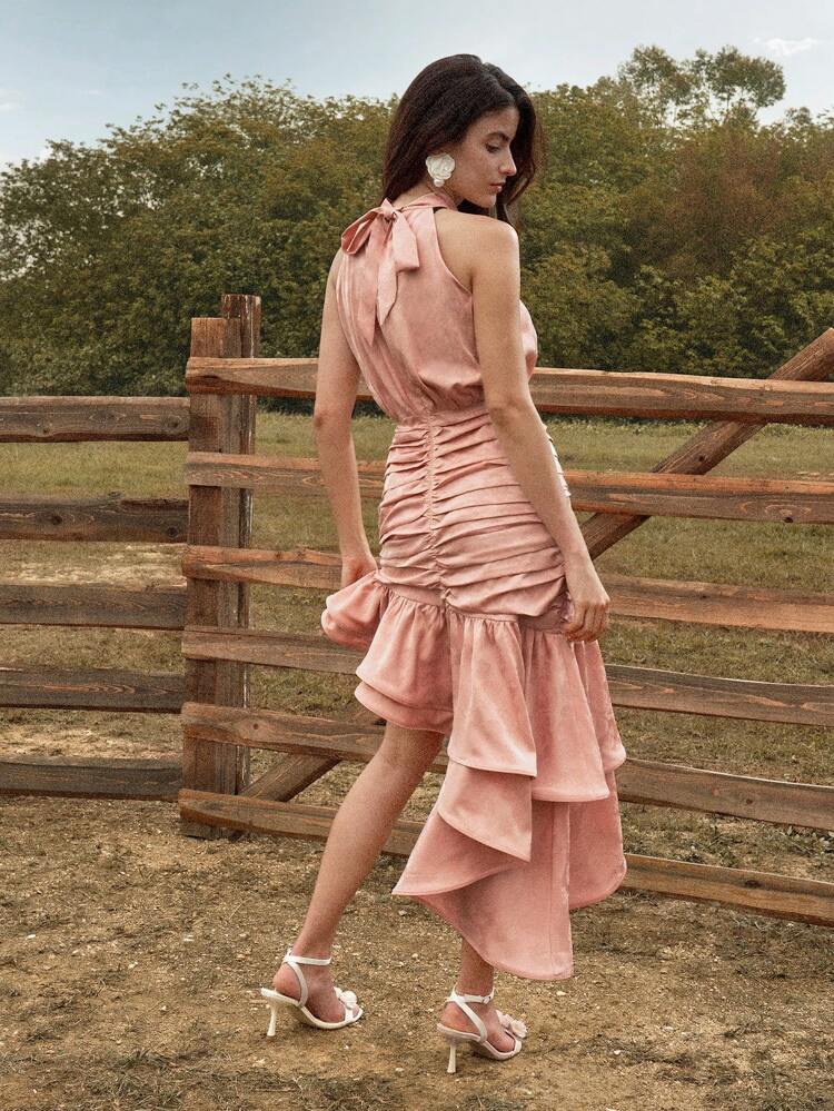 Pink Soft Romantic Halter Asymmetric Dress With Ruffles For Women