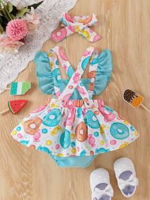 Vestido sin mangas para bebé niña con estampado de donas y caramelos dulces, con decoración de moño y dobladillo con volantes para vestido de verano - Rosa - Ver 4