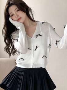 DAZY Ladies Loose Fit Cardigan With Bow Decoration, V-Neck, And Long Sleeves