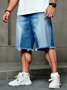 Manfinity Roughcore 男款大尺碼中藍色拼接牛仔短褲