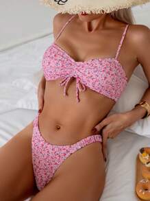 Swim Mod Women Printed Drawstring Ruched Bikini Set, Paired With A Bra And Swimwear Bottom, For Beach Vacation Summer - Multicolor - View 4