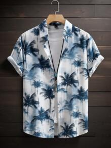 Manfinity RSRT Men Tropical Coconut Tree Printed Graphic Casual Collar Short Sleeve Button-Up Shirt, Vacation Style - White - View 1