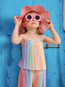 SHEIN 2入組百搭簡約漸變百褶錦織背心和寬腿褲的寬鬆夏季服裝,適合年輕女孩 - 彩色 - 查看 4