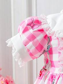 寶寶女孩夏季粉色格紋兔子和花卉印花荷葉邊連衣裙，可愛優雅，適合日常和休閒穿著 - 彩色 - 查看 3