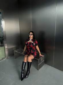 Flirla Vestido de verano con mangas cortas y estampado de dragón de bloques de color para mujer de talla grande