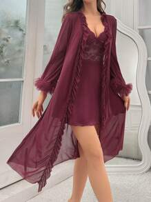 Women Solid Color Lace Patchwork Backless Halter Neck Nightgown With Ruffle Hem Robe Sleepwear Set Pajama Set