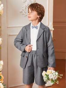 Ensemble costume de garçon préadolescent avec veste de costume à boutons avant à manches longues et short, pour les occasions formelles en été - Gris - Voir 6