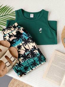 SHEIN 男童度假圆领上衣和短裤套装 - 彩色 - 查看 1