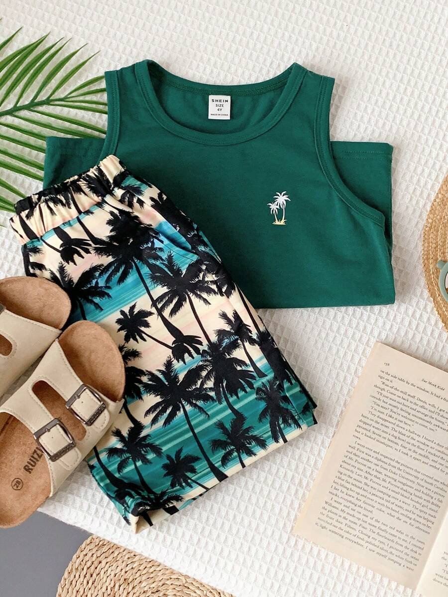 SHEIN 男童度假圆领上衣和短裤套装 - 彩色 - 查看 1