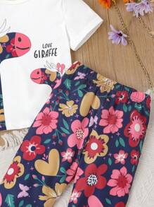 SHEIN Young Girl Giraffe & Floral Print Tee & Pants Set - Multicolor - View 3