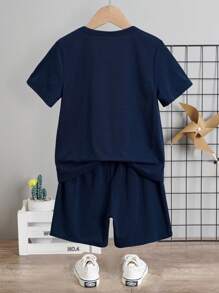 SHEIN Leap Crew Young Boy Astronaut And Letter Graphic Tee & Shorts - Navy Blue - View 3