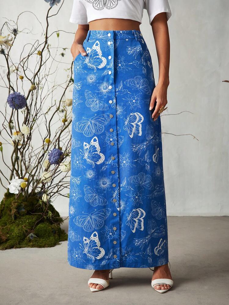 Women Butterfly Print Single Breasted Straight Skirt, For Summer, Holiday, Party, Thanksgiving, Festival