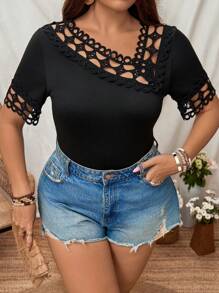 EMERY ROSE Plus Size Women Summer Hollow Out Asymmetrical Collar Short Sleeve Casual T-Shirt - Black - View 3