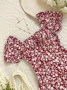 Soleia Vestido de verano de manga corta para mujer con cuello cuadrado y estampado floral estilo bohemio - Burdeos - Ver 4