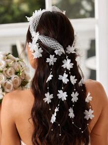 SHEIN Belle 1 Stück eleganter und luxuriöser Haarreif mit 3D Blumenmuster, Quasten und Perlen/Perlen Verzierung, geeignet für Hochzeit, Flitterwochen und Party Haarband, Turban Haarband, Stirnband - Weiss - Übersicht 1