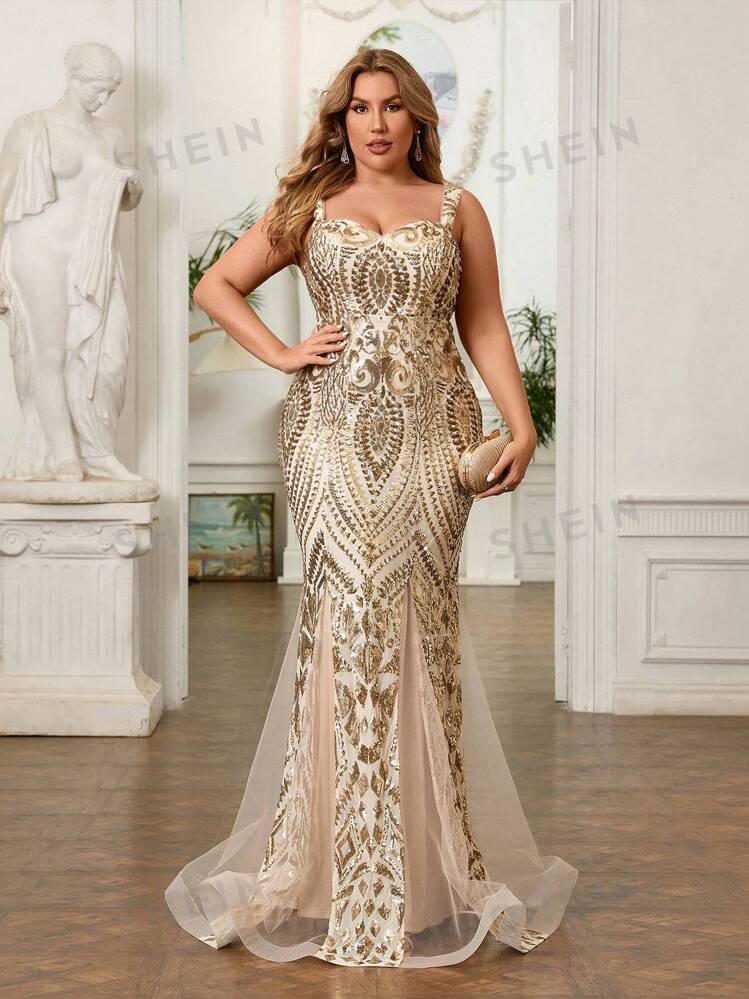 SHEIN Belle Plus Size Champagne Gold Luxurious Baroque Pattern Sequin Mesh Elegant Mermaid Evening Dress SHEIN USA