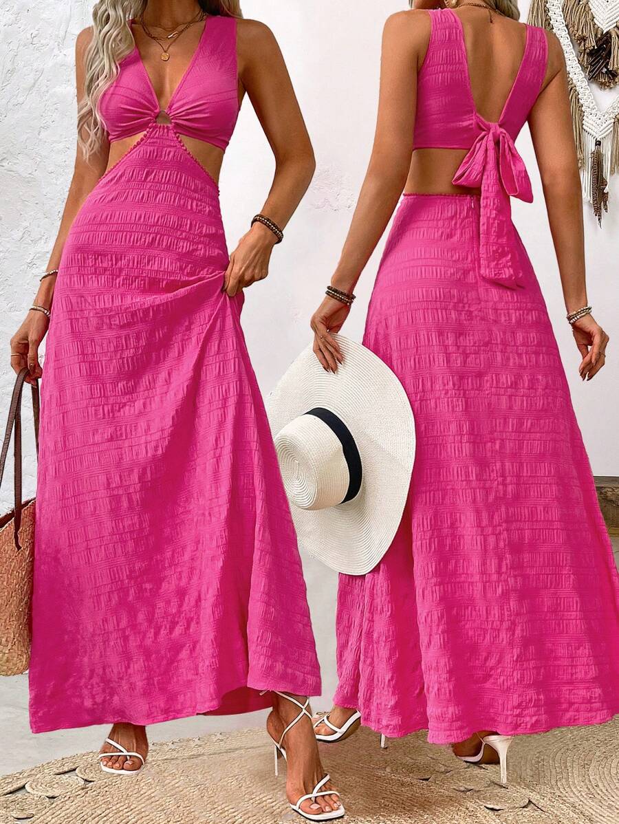 Breezaya Women Fashionable Back Hollow Out Strap Texture Dress Maxi Vacation Beach Outfit - Hot Pink - View 1