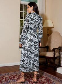 GENKIRA Women Random Floral Print Long Sleeve Dress With Vintage Keyhole Neckline Fall Cloth For Women - Blue - View 2