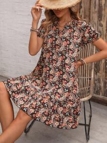 EMERY ROSE Vestido estampado floral de verano con cuello de muesca, dobladillo con volantes y mangas cortas