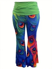 Plus Size Women Peacock Feather Print Flared Pants