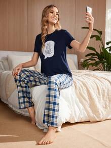 Women Letter Print Short Sleeve Top & Heart Plaid Long Pants Pajama Set For Spring/Summer - Multicolor - View 6