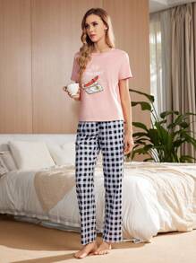 女款簡約印花短袖格紋長褲睡衣套裝，圓領設計 - 粉色 - 查看 5