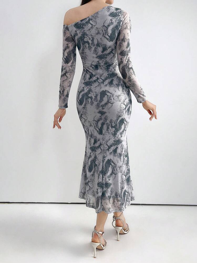 Women Spring Fashionable Tie-Dye Asymmetric Neckline Pleated Bodycon Dress With Mermaid Hem