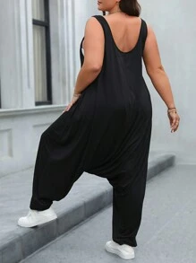 SHEIN CURVE+ Schwarzer Jumpsuit Mit Weiten Trägern Und In Große Größen - Schwarz - Übersicht 2