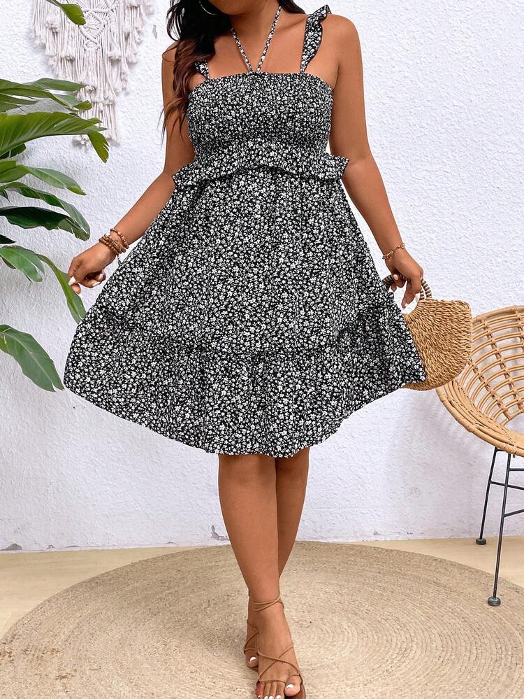 Plus Size Women Summer Vacation Floral Print Splice Ruffle Hem Dress