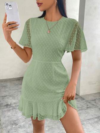 SHEIN Privé Vestido corto de mujer con estampado de lunares, mangas con volantes y diseño en línea A de gasa