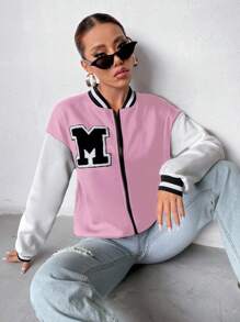 Flirla Chaqueta de béisbol casual universitaria con bloques de color y parche de letras para la primavera y el otoño