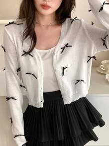 DAZY Ladies Loose Fit Cardigan With Bow Decoration, V-Neck, And Long Sleeves
