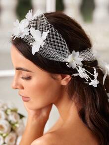 SHEIN Belle 1 Stück eleganter und luxuriöser Haarreif mit 3D Blumenmuster, Quasten und Perlen/Perlen Verzierung, geeignet für Hochzeit, Flitterwochen und Party Haarband, Turban Haarband, Stirnband - Weiss - Übersicht 2